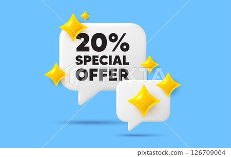 Discount chat speech bubble. Social media concept. 20 percent discount offer tag. Sale price promo sign. Special offer symbol. 3d sparkles chat bubble. Vector Discount chat speech bubble. Social media concept. 20 percent discount offer tag. Sale price promo sign. Special offer symbol. 3d sparkles chat bubble. Vector 126709004