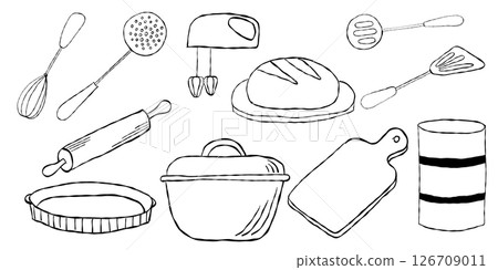 Kitchen utensil set with whisks spatulas rolling pin dutch oven mixer and baking tools 126709011