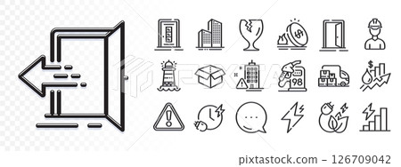 Power, Rise price and Lighthouse line icons for web app. Glare of light effect. Message icon. Pack of Building warning, Consumption growth, Entrance pictogram icons. Vector 126709042