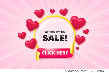 Christmas sale sunburst ray banner. Click here flag ribbon. Christmas Sale tag. Special offer price sign. Advertising Discounts symbol. 3d hearts glitter. Red ribbon tag. Discount offer. Vector 126709072