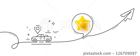 Car place line icon. Continuous line with share plane. Transport location pin sign. Transit service symbol. 3d star in speech bubble. Car place single line ribbon. Loop curve pattern. Vector 126709097