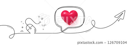 Mouse line icon. Continuous line with share plane. Computer component device sign. 3d heart in speech bubble. Computer mouse single line ribbon. Loop curve pattern. Vector 126709104