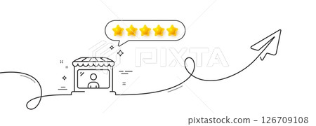 Market seller line icon. Continuous line with share plane. Wholesale store buyer sign. Retail marketplace symbol. Five star rate review in speech bubble. Market seller single line ribbon. Vector 126709108