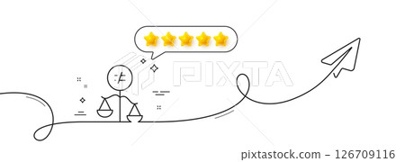Discrimination line icon. Continuous line with share plane. Gender inequality scales sign. Equality balance symbol. Five star rate review in speech bubble. Discrimination single line ribbon. Vector 126709116