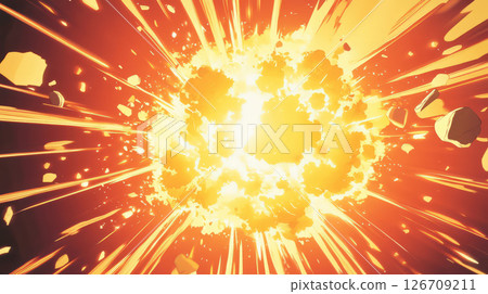 Explosive burst with bright flames and debris flying in all directions 126709211