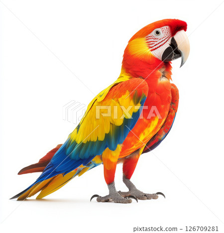 Beautifully vibrant yellow and red parrot macaw bird isolated white background, showcasing its stunning plumage and features 126709281
