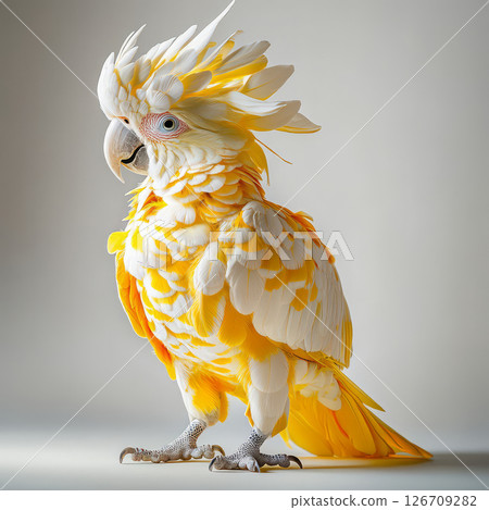 Beautiful yellow and white parrot with striking feathers, showcasing vibrant colors and unique features 126709282
