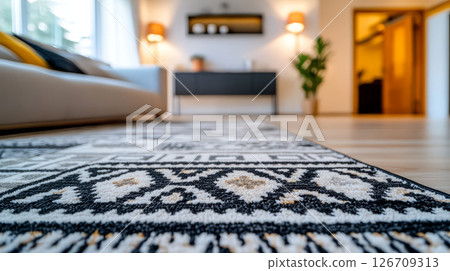 Intricate rug with bold geometric patterns in cozy living room setting 126709313