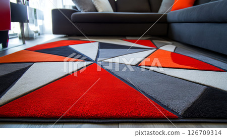 Intricate rug with bold geometric patterns in cozy living room setting 126709314