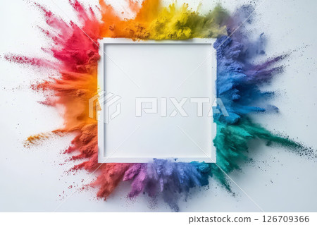 Colorful powder paint explosion around blank frame, creating vibrant display 126709366