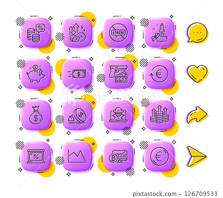 Money tax, Robbery and Line chart line icons. App 3d buttons. Social media comment, share, like icons. Pack of Stop stress, Saving money, Market icon. Vector 126709533