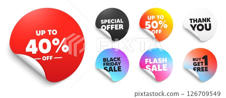Discount tag red sticker tag. Special offer paper price tags. Up to 40 percent off sale. Discount offer price sign. Special offer symbol. Save 40 percentages. Discount, black friday sticker. Vector 126709549