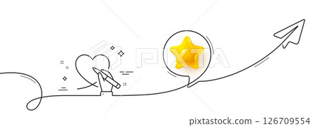 Donation organization line icon. Continuous line with share plane. Volunteer care sign. Health insurance symbol. 3d star in speech bubble. Social care single line ribbon. Loop curve pattern. Vector 126709554