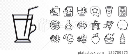 Supply chain, Coffee cup and Food order line icons for web app. Glare of light effect. Message icon. Pack of Food delivery, Gluten free, Cognac bottle pictogram icons. Vector 126709575