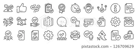 Approve line icons. Settings gear, Message, Inflation icons. Interviewed, accepted document, right choice. Quality check, protection, checklist icons. Vector Approve line icons. Settings gear, Message, Inflation icons. Interviewed, accepted document, right choice. Quality check, protection, checklist icons. Vector 126709629