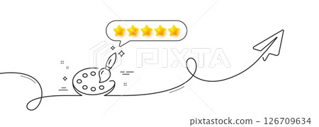 Paint palette line icon. Continuous line with share plane. Artist brush sign. Creative drawing art symbol. Five star rate review in speech bubble. Palette single line ribbon. Vector Paint palette line icon. Continuous line with share plane. Artist brush sign. Creative drawing art symbol. Five star rate review in speech bubble. Palette single line ribbon. Vector 126709634