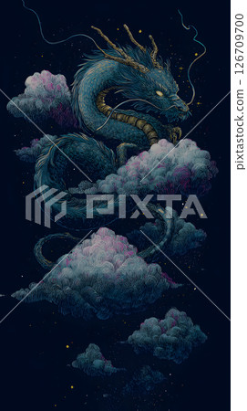 Mysterious illustration of a blue dragon and colorful clouds floating in pitch black space 126709700