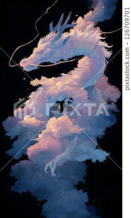 Mysterious illustration of a blue dragon and colorful clouds floating in pitch black space Mysterious illustration of a blue dragon and colorful clouds floating in pitch black space 126709701