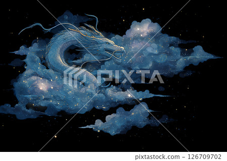 Mysterious illustration of a blue dragon and colorful clouds floating in pitch black space 126709702