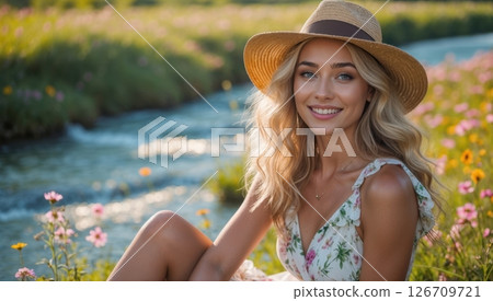 A young woman in a sunlit meadow near the river A young woman in a sunlit meadow near the river 126709721
