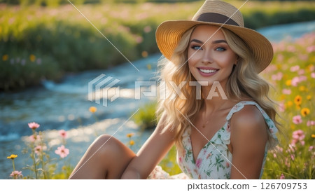 A young woman in a sunlit meadow near the river A young woman in a sunlit meadow near the river 126709753