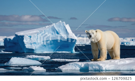 A polar bear standing on a snowy ice ridge 126709825