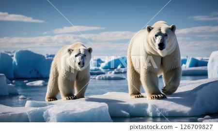 A polar bear standing on a snowy ice ridge 126709827