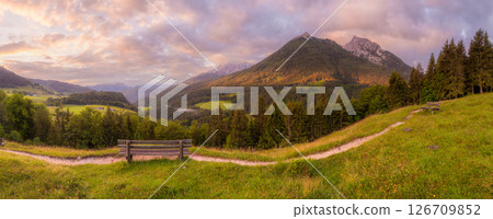 Meadow with road and bench during sunset in Berchtesgaden National Park 126709852