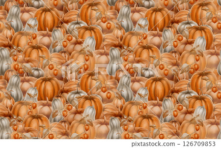 Autumn paved pattern of orange and gray pumpkins with branches of pisalis as symbols of fall harvest, pumpkin festival. Watercolor illustrations are hand drawn,pattern for kitchen textiles,packaging 126709853
