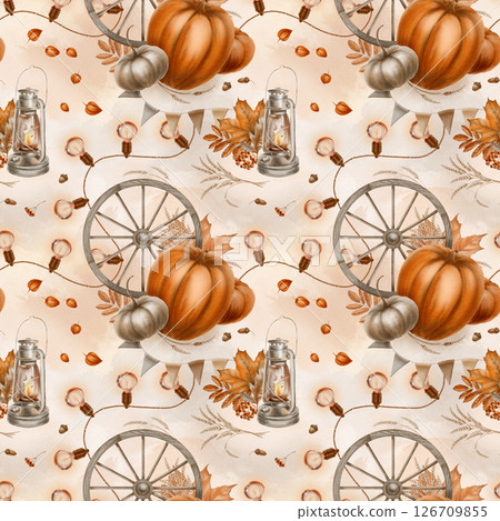 Seamless fall pattern of pumpkin festival attributes such as pumpkins, wooden wheel, vintage kerasin street lamp, garland of round retro lamps fall leaves, spikelets of wheat, physalis 126709855