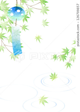 Summer greeting card, wind chimes, water surface, green maple leaves, cute, illustration, vertical 126709857