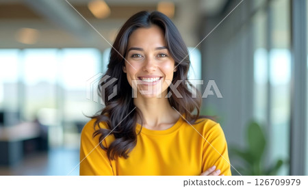 Confident Latin American businesswoman stands in modern office. Smiling woman looks directly at camera with arms crossed. Wears bright yellow shirt. Successful 126709979