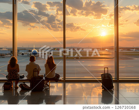 Silhouette people waiting for the flight departure in airport. abstract silhouette in airport with sunflare. AI Generated. 126710168