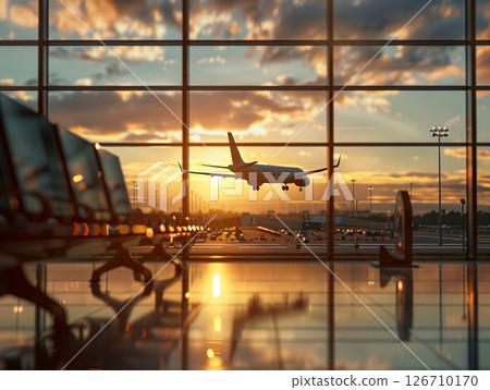 Abstract silhouette in airport with sunflare. Defocused image of an airport. AI Generated. 126710170