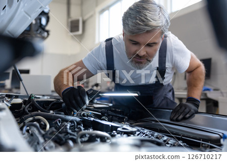 Mechanic inspecting engine with flashlight 126710217