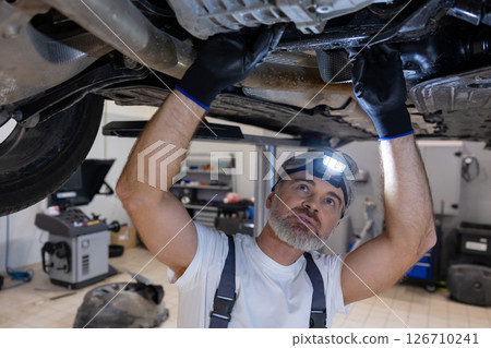 Mechanic inspecting undercarriage with headlamp 126710241