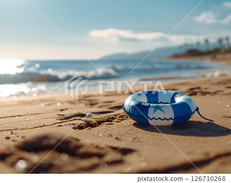blue and white Inflatable ring on the sand, sea beach, summer background. travel concept. AI Generated. 126710268