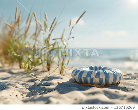 blue and white Inflatable ring on the sand, sea beach, summer background. travel concept. AI Generated. 126710269