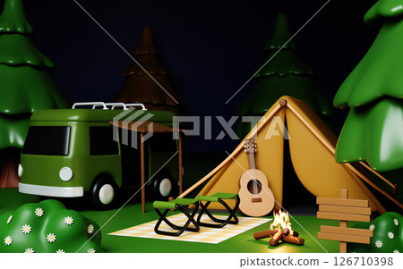 Camping adventure with a cozy tent and vehicle setup. 3D render illustration 126710398