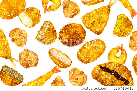 Fried food background Hand-drawn watercolor illustrations of cooking and food Fried food background Hand-drawn watercolor illustrations of cooking and food 126710412