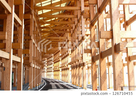 The light and architectural beauty of the beautiful wooden large roof ring at the Osaka Kansai Expo 126710455