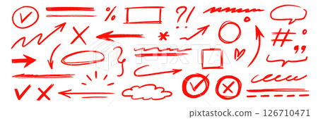 Hand drawn line arrow chalk brush stroke red icon set. Red crayon underline, check mark, scribble shapes with rough texture. Hand style symbols, arrows, star and frame highlight. Vector 126710471