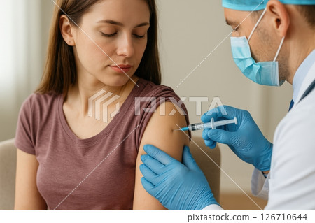 Doctor giving vaccine injection to young woman. Close-up view of syringe, blue gloves, and calm patient. Concept of immunization, virus protection, and healthcare. Bright indoor setting. Banner 126710644