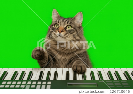 Funny cat playing synthesizer with green screen background. Cute fluffy pet touching piano keys with paws. Concept for meme, music, chroma key content and creative design. Banner. Copy space 126710646