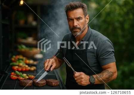 Strong man grilling steaks and vegetables outdoors. Focused expression, tattoos, smoke rising, wearing black apron. Masculine cooking scene, summer BBQ, lifestyle and food concept. Copy space. Banner 126710655