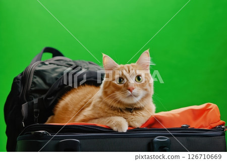 Close-up of fluffy tabby cat sitting inside open travel suitcase. Bright green background. Cute alert expression. Playful and curious mood. Pet travel concept. Minimal studio setup. Copy space 126710669