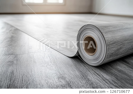 Close-up of grey vinyl flooring roll unrolling across bright modern room. Soft daylight. Wood texture detail. Clean, minimalist renovation process. Home interior improvement concept. Copy space Close-up of grey vinyl flooring roll unrolling across bright modern room. Soft daylight. Wood texture detail. Clean, minimalist renovation process. Home interior improvement concept. Copy space 126710677