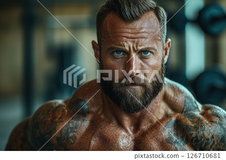 Close-up of intense muscular man with tattoos, beard, and piercing eyes. Sweaty skin glistens under gym lighting. Focused expression. Strength, power, masculinity. Workout, fitness lifestyle. Banner Close-up of intense muscular man with tattoos, beard, and piercing eyes. Sweaty skin glistens under gym lighting. Focused expression. Strength, power, masculinity. Workout, fitness lifestyle. Banner 126710681