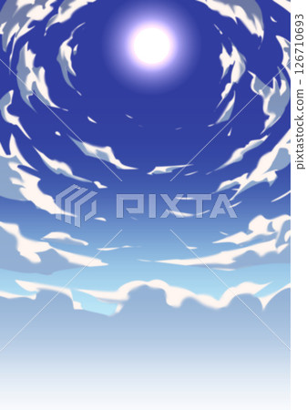 [Hand-drawn material] Background illustration of a side-view composition looking up at the sun high in the sky and clouds 126710693