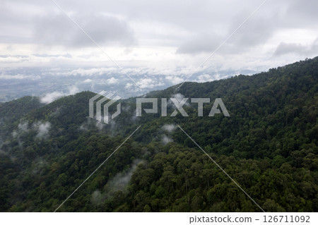 Landscape of Morning Mist with Mountain Layer. mountain ridge and clouds in rural jungle bush forest 126711092